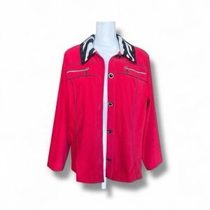 VTG Nancy Bolen City Girl‎ Red Jacket L Zebra Print Collar Button Up Retro Y2K